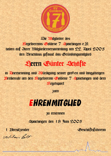 Günter Schäfle, Ehrenurkunde